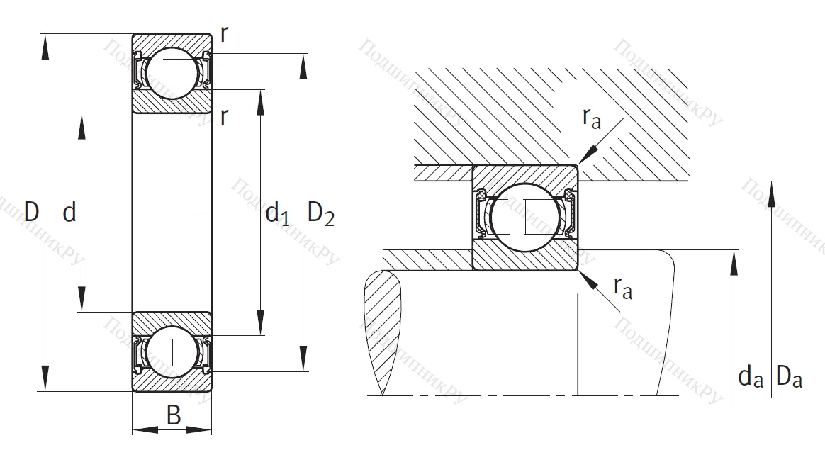 Однорядный шариковый подшипник 6303 2RSR